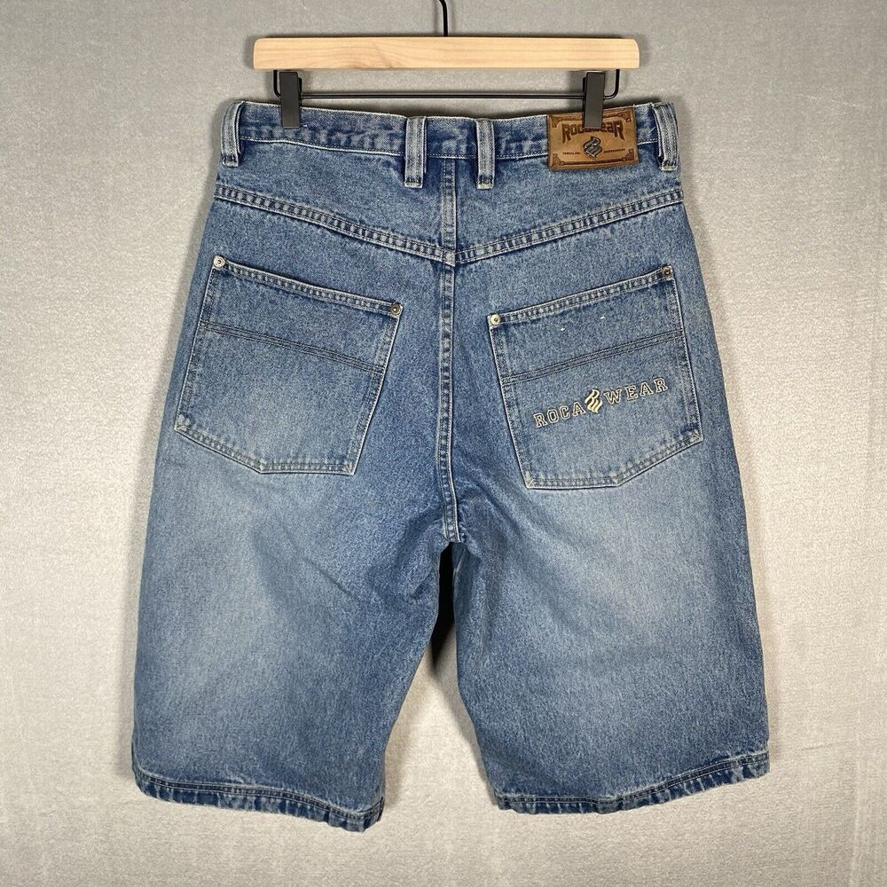 Rocawear Jean Shorts Men’s 34 Baggy Y2K Hip Hop Blue Denim Embroidered Pocket